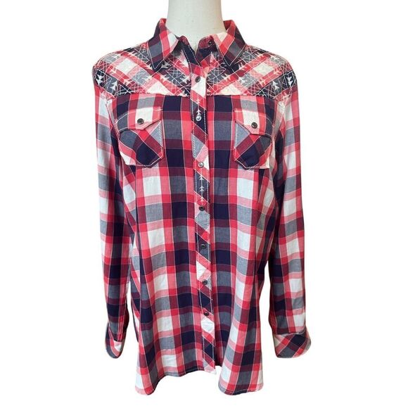 Ariat Plaid Embroidered Cowgirl Western Pearl Snap Long Sleeve Women's SZ Large - Picture 1 of 13